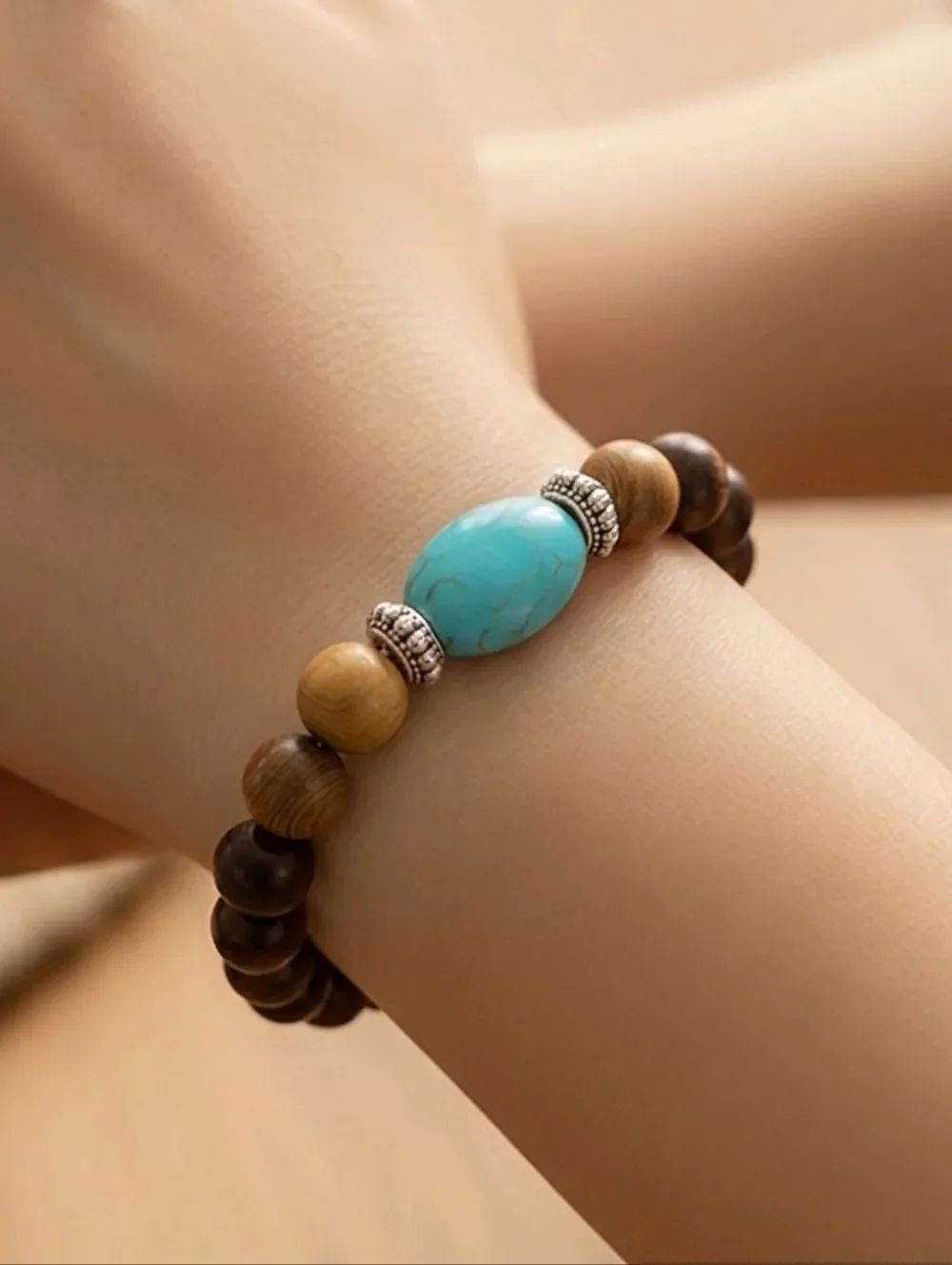 Boho TurquoiseāBeaded Bracelet Wood Stretch Stack Earthy Minimalist Cowgirl Chic